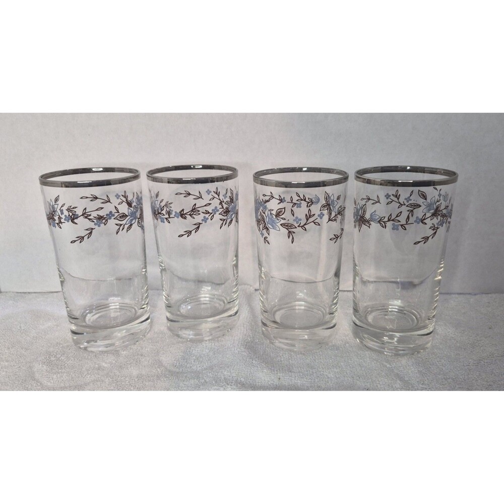 Vintage Mid Century Modern Tumblers Set Of 4 Clear with Blue Flowers Silver Rim